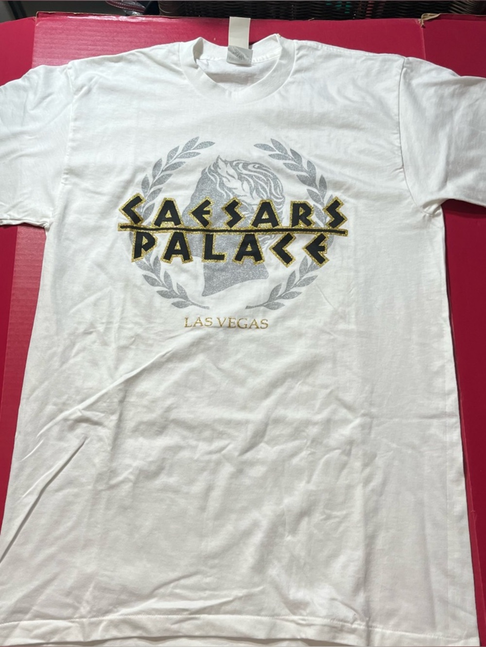 Vintage Caesars Palace Las Vegas Tee L White Glitter Single Stitch 90s USA NOS